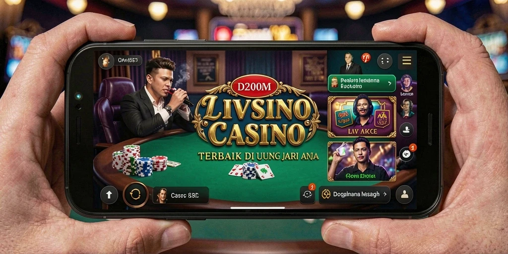 Screenshot D200M menampilkan dealer langsung yang berinteraksi dengan pemain di meja permainan.