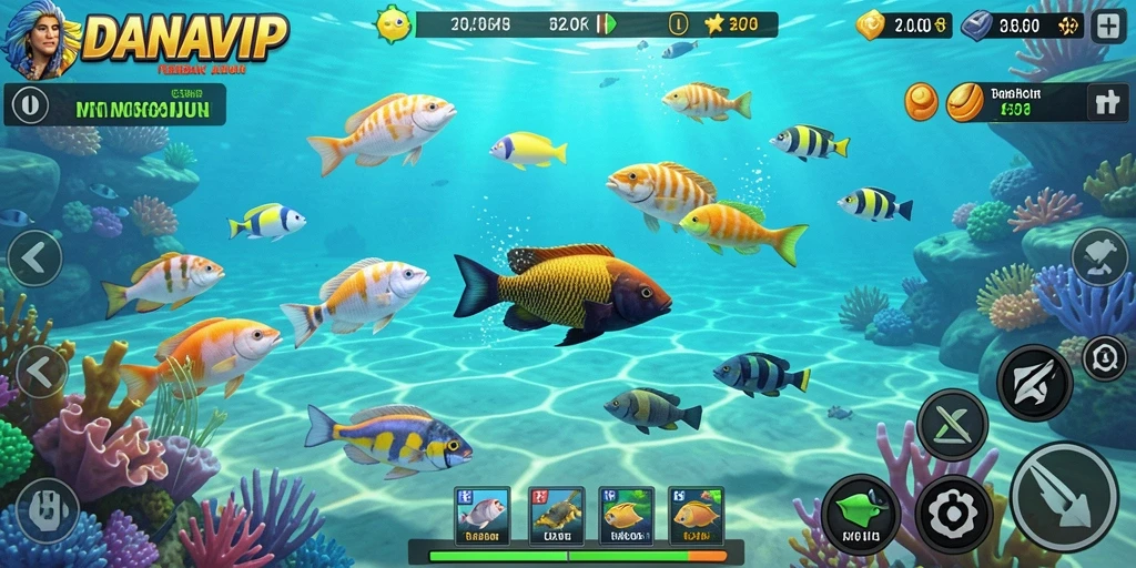 Tangkapan ikan berwarna-warni dalam gameplay DANAVIP.