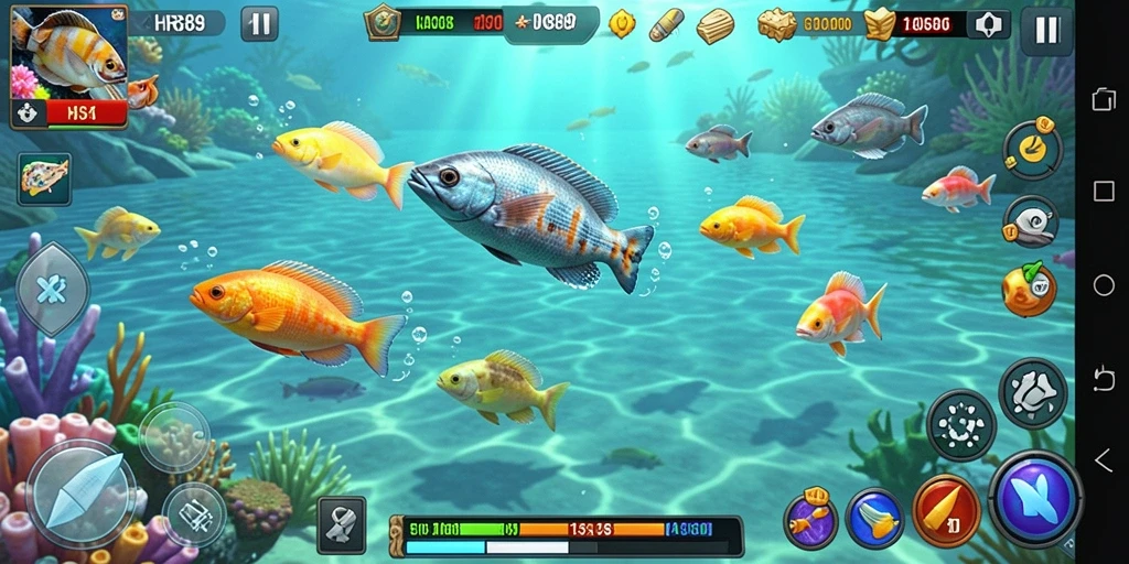 Tampilan gameplay HR89 yang menyenangkan dengan berbagai ikan warna-warni.