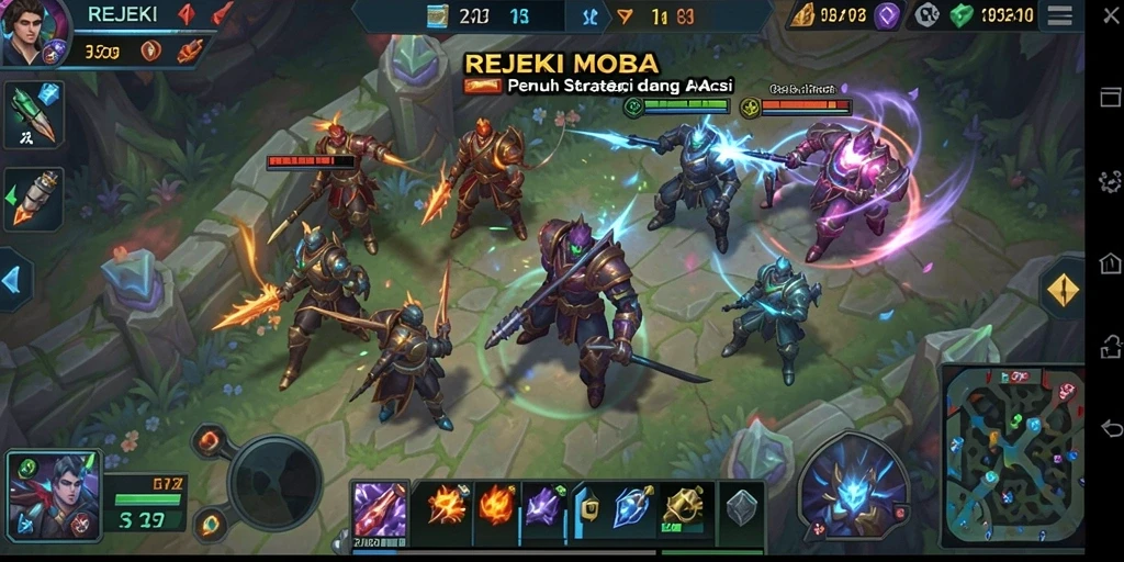 Screenshot menunjukkan pertempuran seru dalam game REJEKI MOBA.