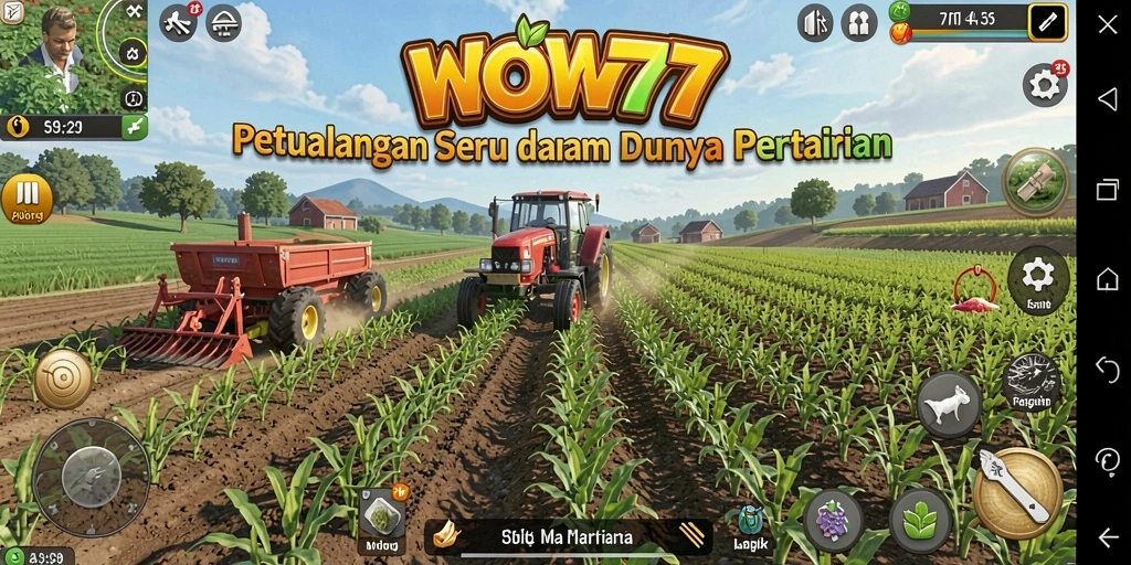 Screenshot utama gameplay WOW77 menunjukkan aktivitas bertani yang menyenangkan.